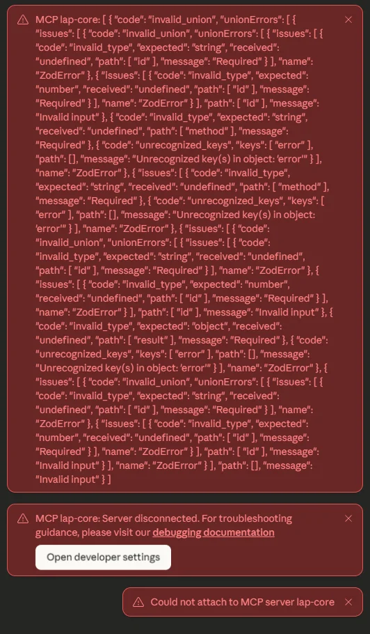 MCP lap-core validation errors showing Zod schema failures in Claude Desktop